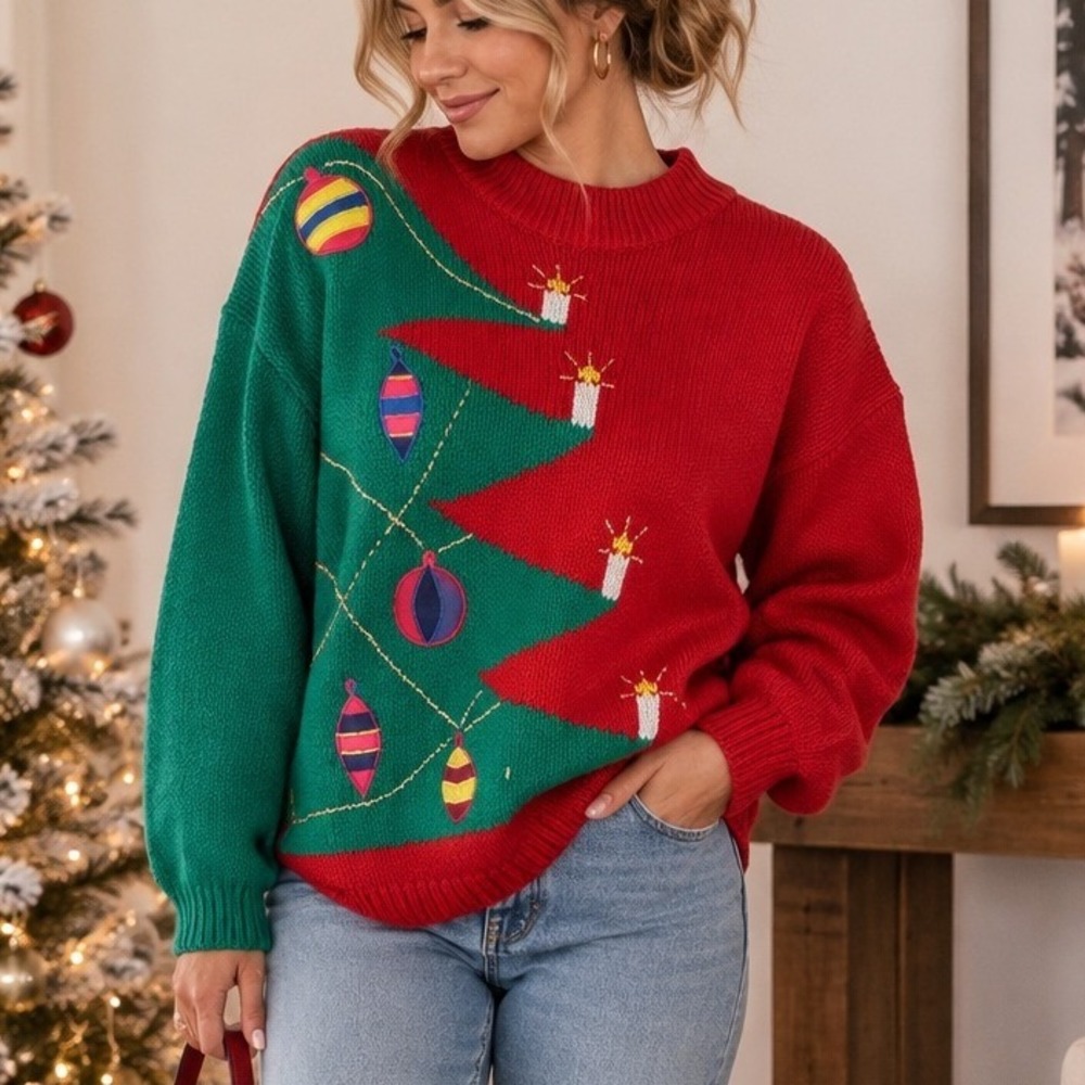 Knitworks Christmas Sweater Womens Medium Red Green Ugly Holiday Tree Vintage